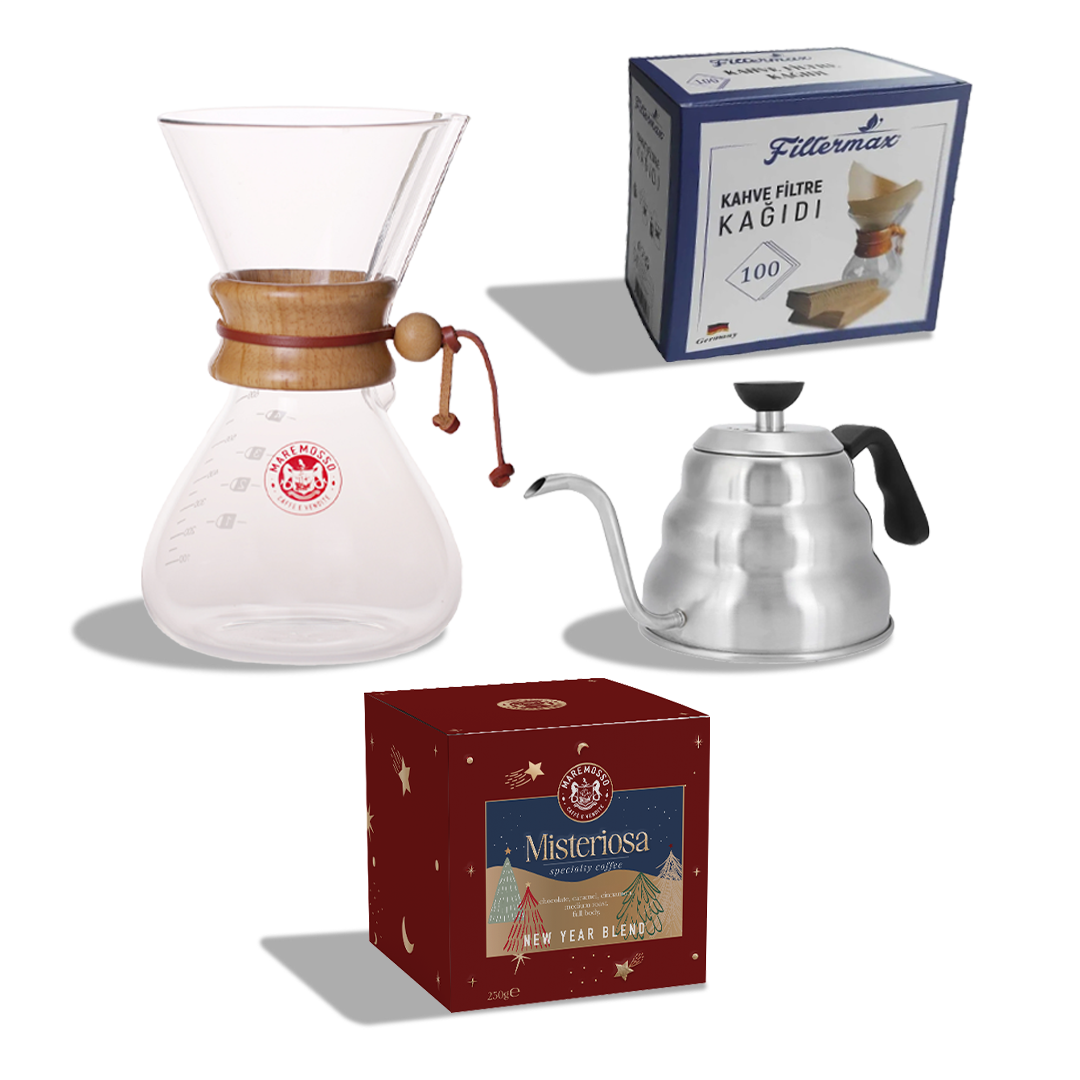 Misteriosa New Year Blend Yeni Yıl Kahvesi (Çekirdek Veya Öğütülmüş) 250 Gr. + 800 ML. Chemex - Drip Kettle ve Chemex Filtre Kağıdı Set