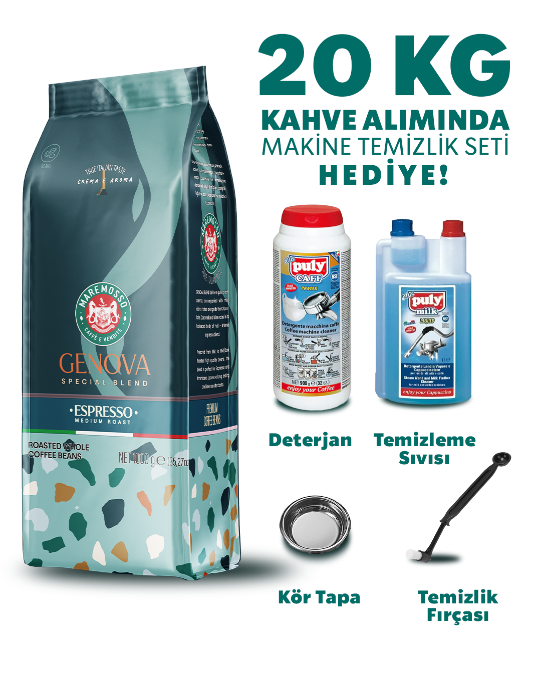 Espresso Genova Blend 20 Kg (Çekirdek) - Makine Temizlik Seti Hediyeli!