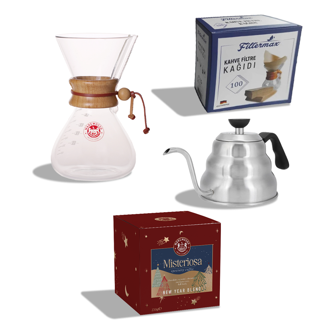 Misteriosa New Year Blend Yeni Yıl Kahvesi (Çekirdek Veya Öğütülmüş) 250 Gr. + 600 ML. Chemex - Drip Kettle ve Chemex Filtre Kağıdı Set
