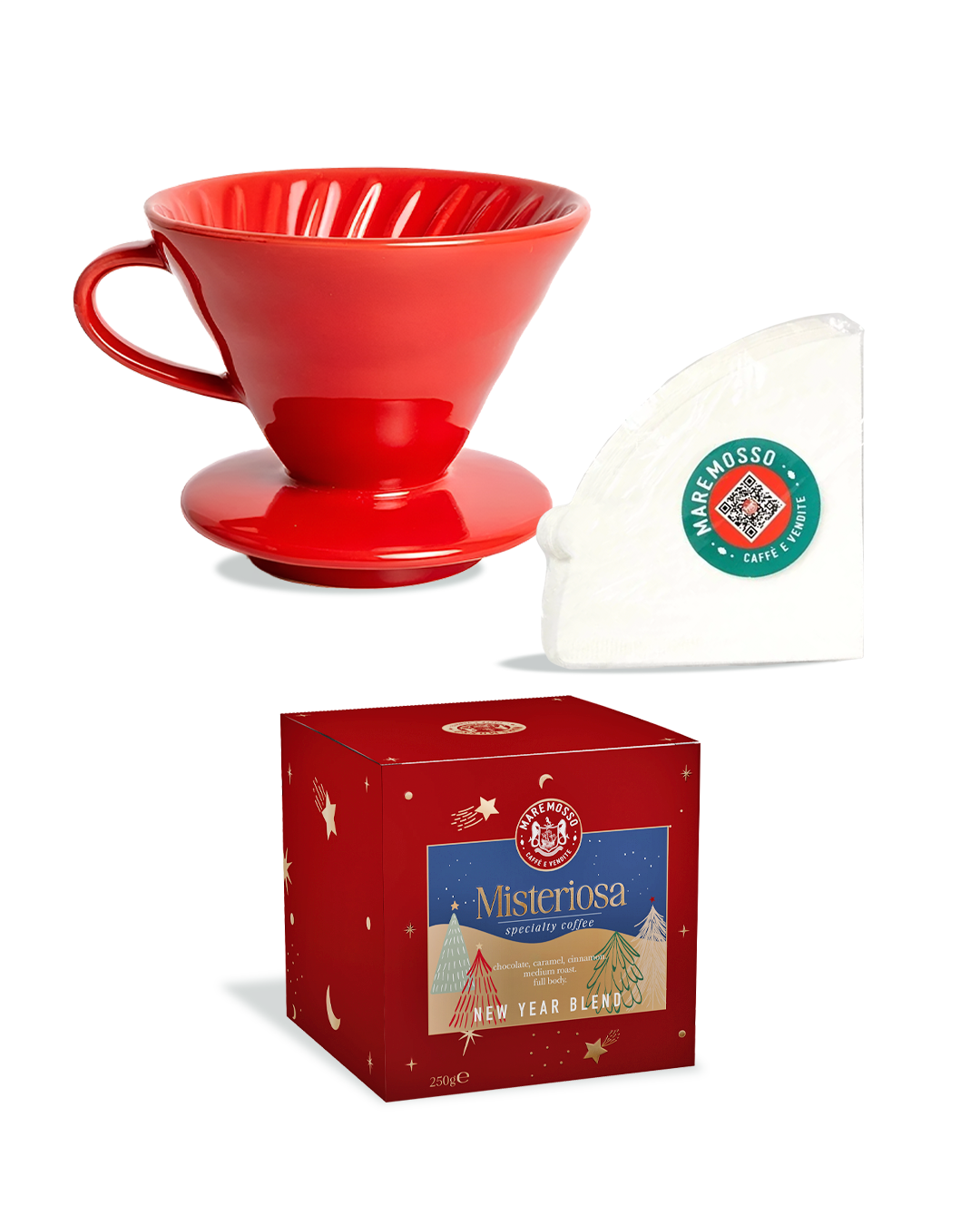 Misteriosa New Year Blend Yeni Yıl Kahvesi (Çekirdek Veya Öğütülmüş) 250 Gr. + Kırmızı Seramik Dripper - v60 Filtre Kağıdı(100 Adet)  Set