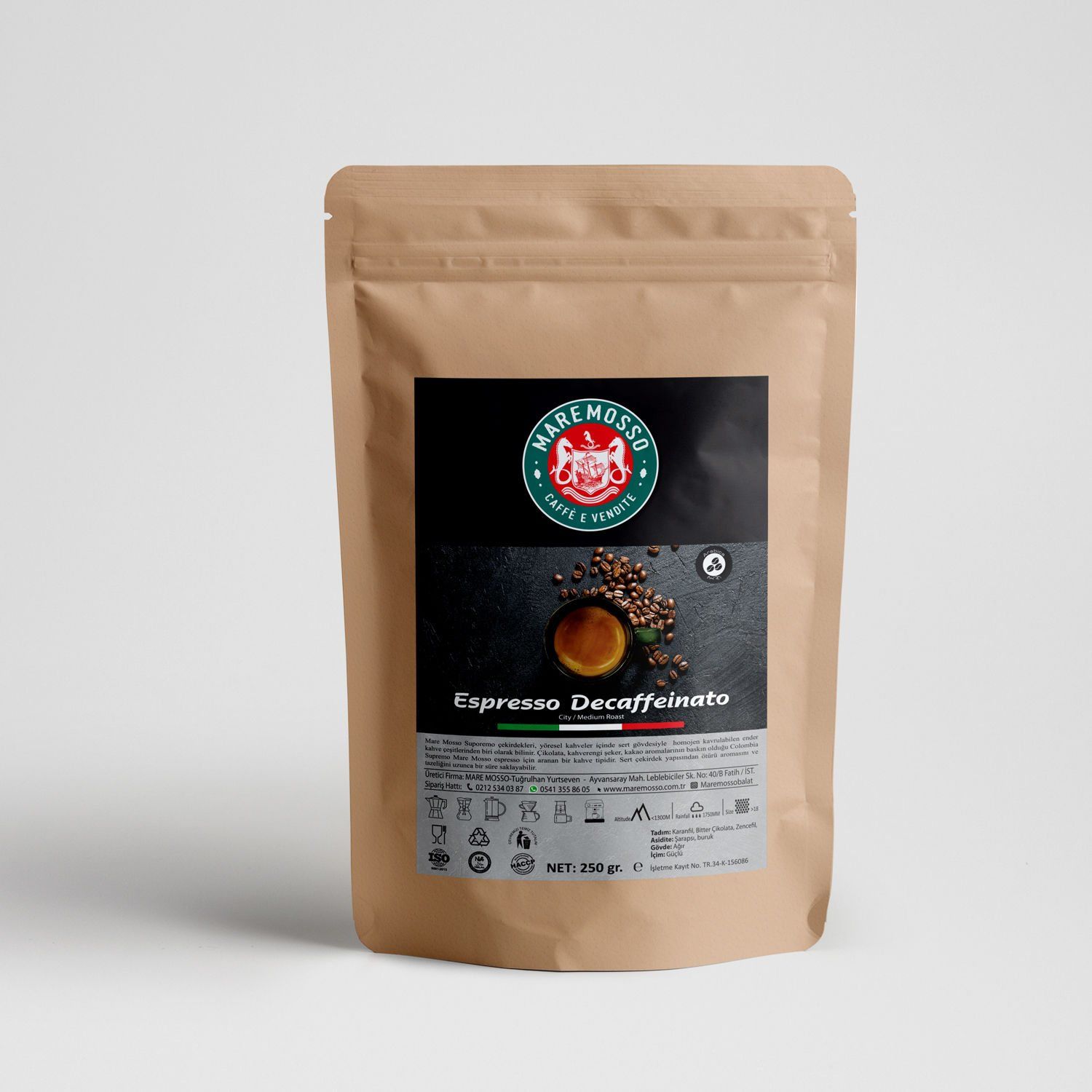 Espresso Decaffeinato 250 Gr. - Kafeinsiz Espresso Çekirdek Kahve
