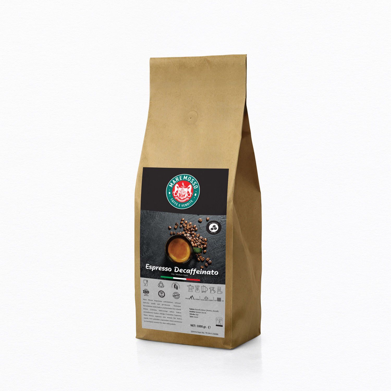 Espresso Decaffeinato 1 Kg. - Kafeinsiz Espresso Çekirdek Kahve