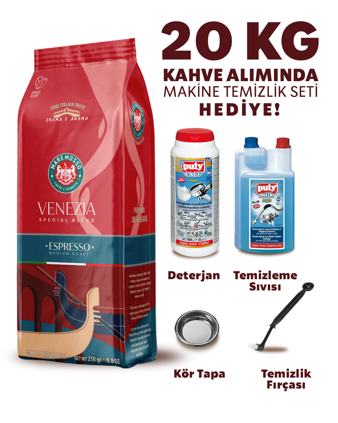 Espresso Venezia Blend 20 Kg (Çekirdek) - Makine Temizlik Seti Hediyeli!